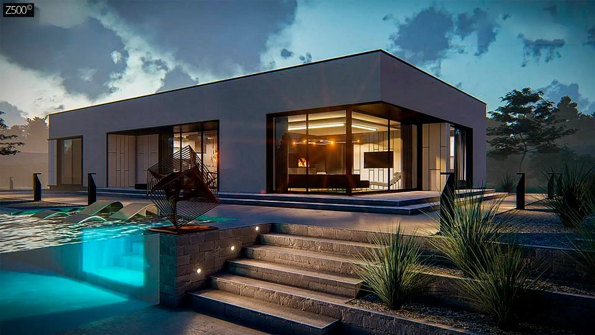 Проект современного одноэтажного дома с плоской кровлей