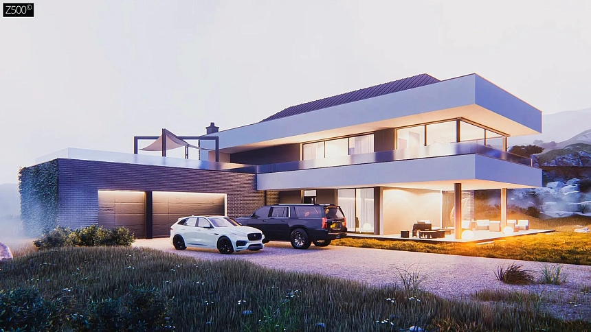 Просторный двухэтажный дом с террасами и четырехскатной крышей