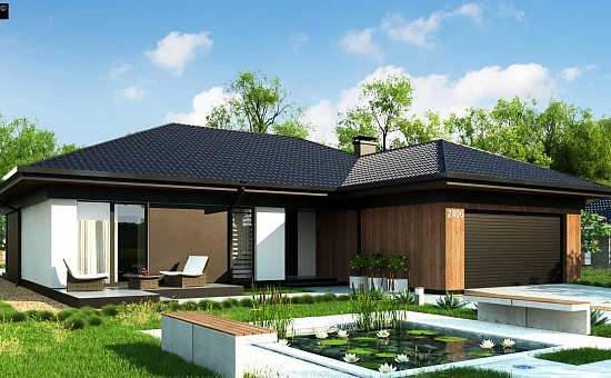 Одноэтажный дом с большой площадью остекления в гостиной