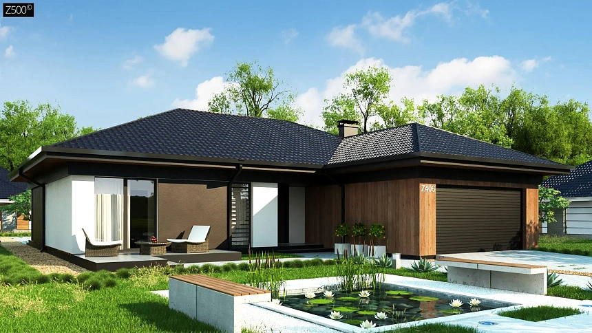 Одноэтажный дом с большой площадью остекления в гостиной