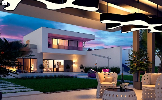 Стильный современный проект двухэтажного дома, подходит для строительства на участке со склоном.