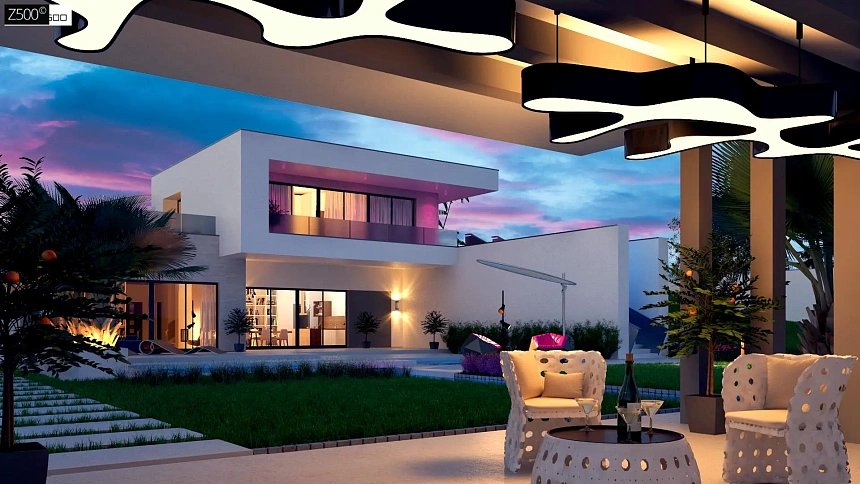 Стильный современный проект двухэтажного дома, подходит для строительства на участке со склоном.