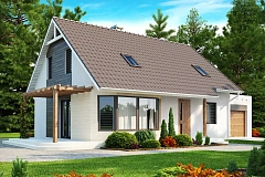 Проект дома с гостиной со стороны входа, боковой террасой&nbsp;&nbsp;и дополнительной спальней на первом этаже.