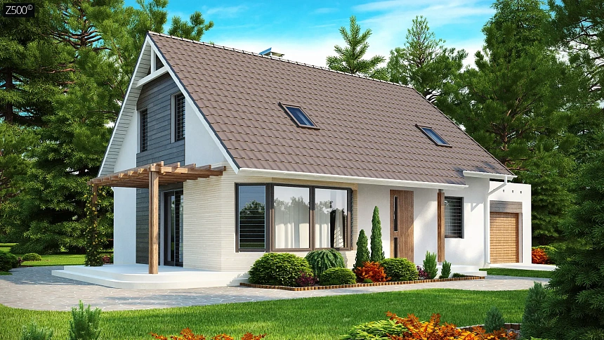 Проект дома с гостиной со стороны входа, боковой террасой&nbsp;&nbsp;и дополнительной спальней на первом этаже.