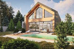 Дом с мансардой, двускатной крышей и большим остеклением.