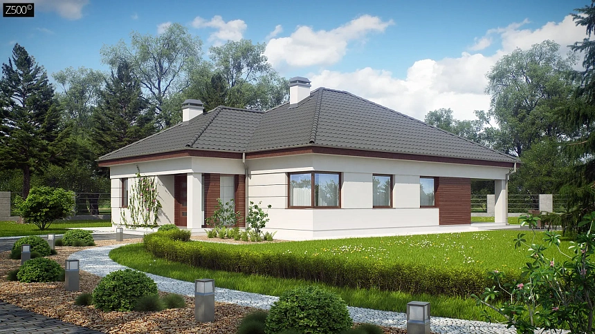 Просторный одноэтажный дом с многоскатной крышей