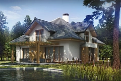 Проект комфортного дома с фасадными окнами, с гаражом для двух автомобилей.