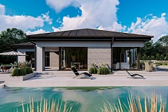 Одноэтажный современный проект дома с многоскатной крышей и гаражом на две машины.