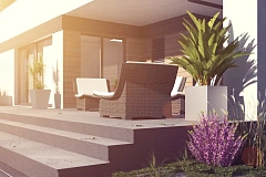 Современный одноэтажный дом хай-тек с навесом для автомобиля