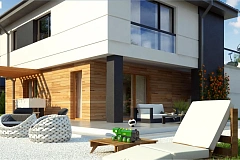 Проект двухэтажного коттеджа с низкой четырехскатной кровлей и большой террасой на втором этаже