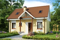 Компактный традиционный дом простой формы с двускатной крышей.