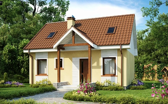 Компактный традиционный дом простой формы с двускатной крышей.