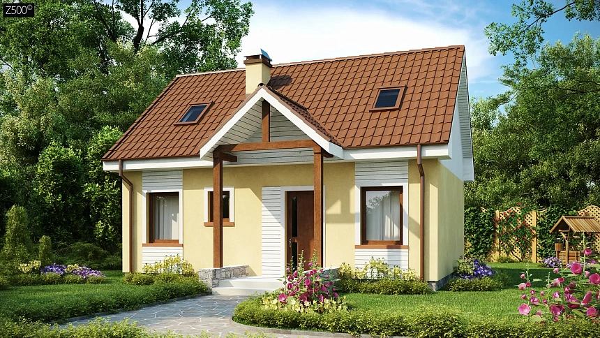 Компактный традиционный дом простой формы с двускатной крышей.