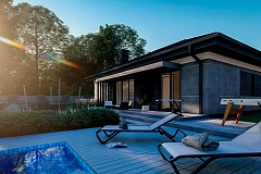 Компактный одноэтажный дом на фасаде с камнем и плитами.