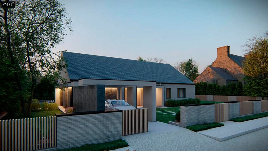 Современный одноэтажный дом с двускатной крышей (электрический котел)