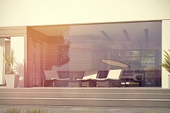 Современный одноэтажный дом хай-тек с навесом для автомобиля