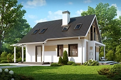 Экономичный в строительстве и реализации дом с удобной планировкой, с навесом для автомобиля.