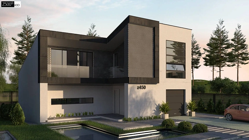 Проект современного двухэтажного дома с оригинальным экстерьером и гаражом на один автомобиль.