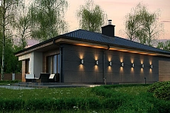 Одноэтажный дом с четырехскатной кровлей и оригинальным экстерьером.