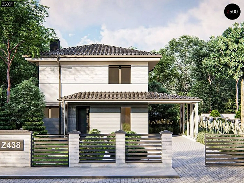 Двухэтажный проект дома с современным обликом и 4-х скатной крышей