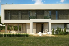 Современный двухэтажный дом с просторной террасой и гаражом на две машины.