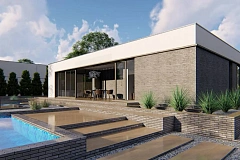 Одноэтажный современный дом с плоской крышей и белым фасадом