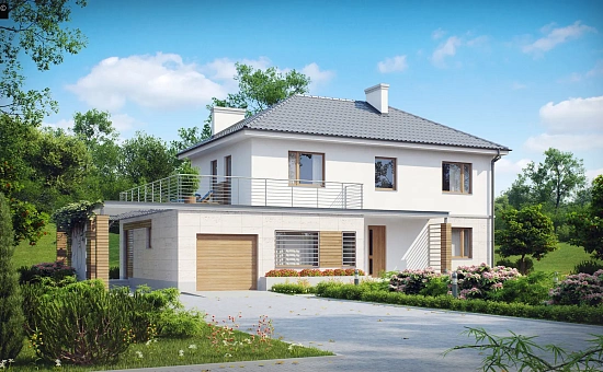 Комфортный двухэтажный дом с террасой над гаражом и навесом для гостевой машины.