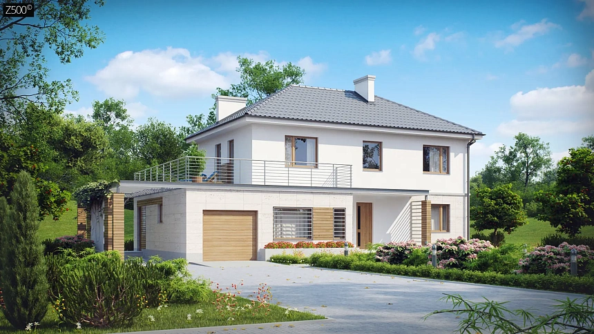 Комфортный двухэтажный дом с террасой над гаражом и навесом для гостевой машины.