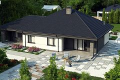 Проект одноэтажного дома с четырехскатной кровлей и гаражом на два автомобиля.