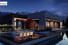 Cовременный одноэтажный дом с плоской крышей с гаражом на два авто