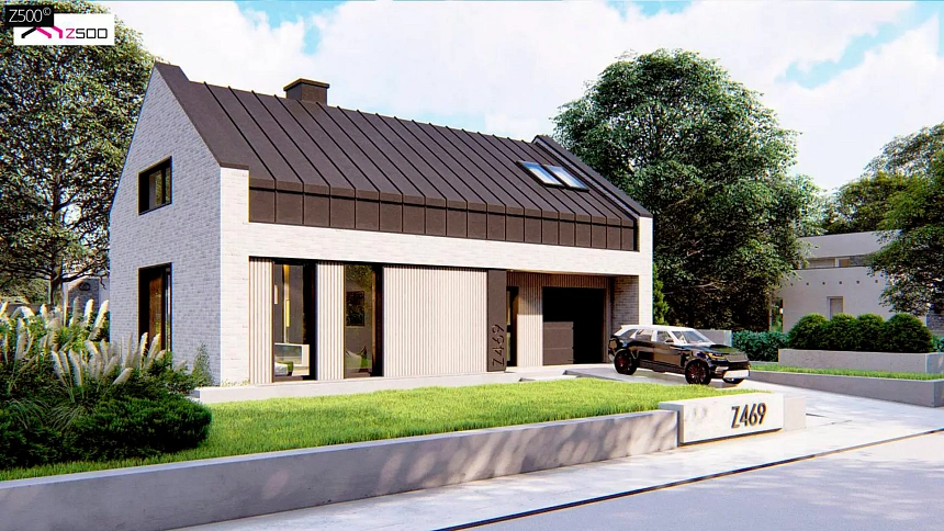 Современный мансардный дом с двухскатной крышей и гаражом на одно авто