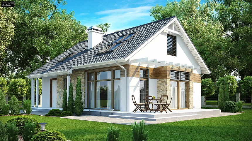 Функциональный дом с кабинетом на первом этаже, удобный для участка с южным въездом.