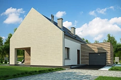 Проект дома с мансардой, террасой на первом этаже и гаражом на одну машину.