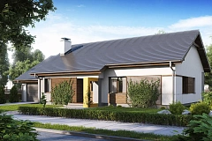 Проект одноэтажного дома с двускатной кровлей, с тремя спальнями и гаражом.