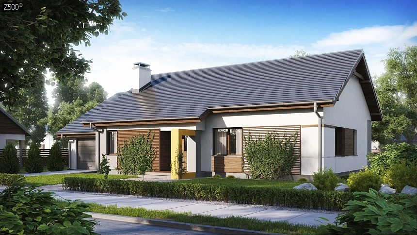 Проект одноэтажного дома с двускатной кровлей, с тремя спальнями и гаражом.