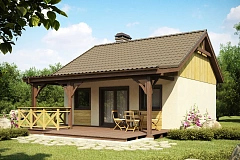 Выгодный в строительстве и эксплуатации маленький одноэтажный дом с крытой террасой.