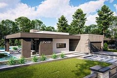 Современный одноэтажный дом с внешним камином