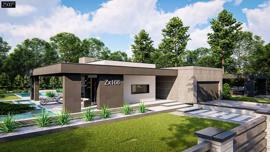 Современный одноэтажный дом с внешним камином