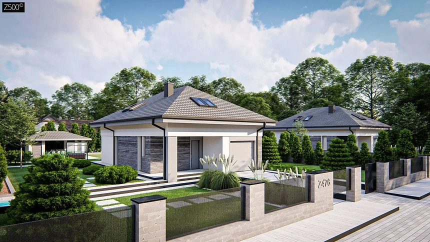 Дом с мансардой, четырехскатной крышей и гаражом на одну машину.