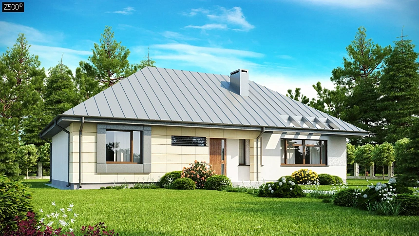 Одноэтажный дом с возможностью обустройства чердачного помещения, оптимальный для южного въезда на участок.