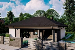 Компактный одноэтажный дом на фасаде с камнем и плитами.