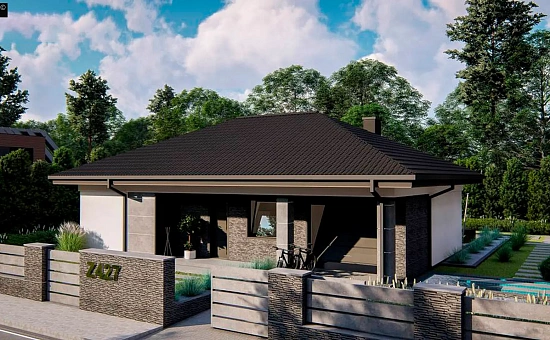 Компактный одноэтажный дом на фасаде с камнем и плитами.