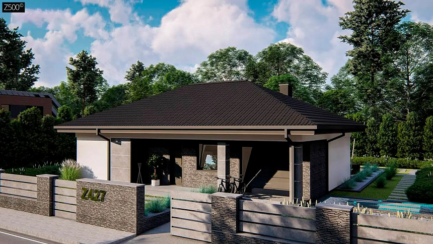 Компактный одноэтажный дом на фасаде с камнем и плитами.