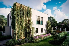 Современный двухэтажный дом с плоской кровлей и большим остеклением.