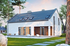 Аккуратный современный дом простой формы с оригинальной двускатной крышей.