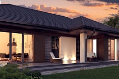 Стильный одноэтажный дом с панорамным остеклением в гостиной