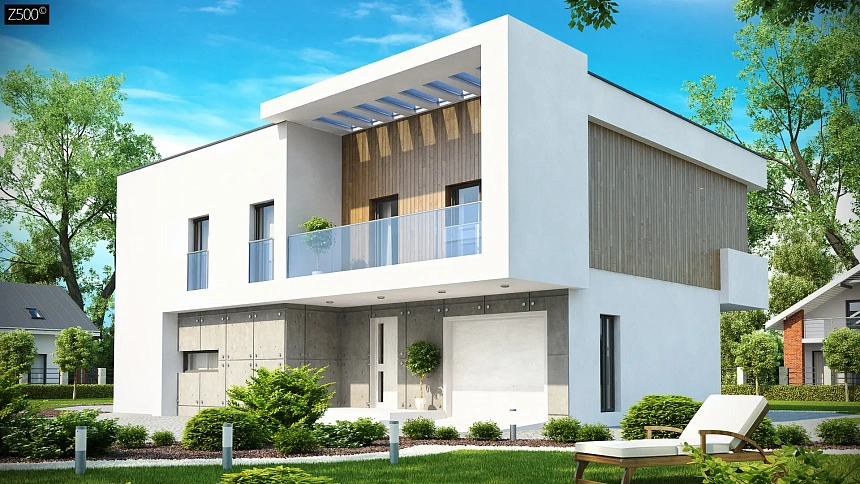 Просторный дом современного дизайна с гаражом и кабинетом на первом этаже.