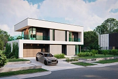 Современный двухэтажный дом с плоской кровлей и панорамным остеклением