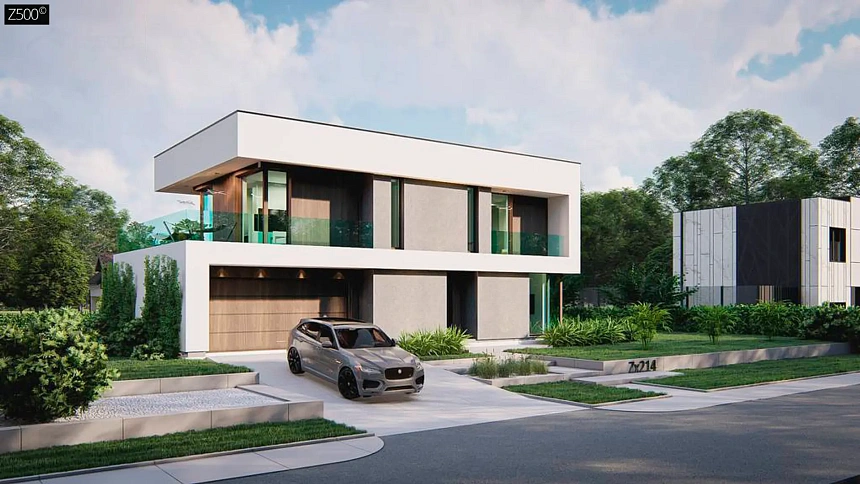 Современный двухэтажный дом с плоской кровлей и панорамным остеклением