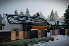 Cовременный одноэтажный дом с 2-х скатной крышей и гаражом